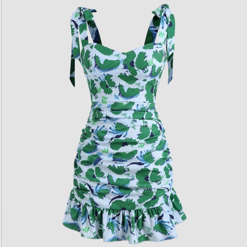Cider Floral Print Ruched Ruffle Mini Dress